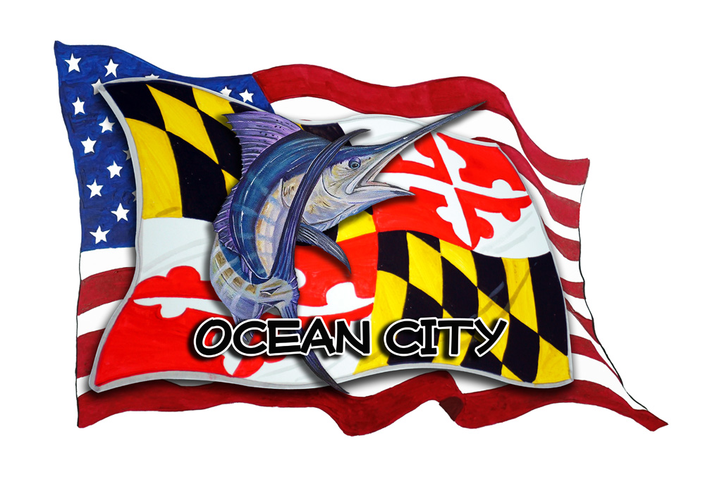 USA/MD Flags w/ Marlin - Ocean City Decal/Sticker