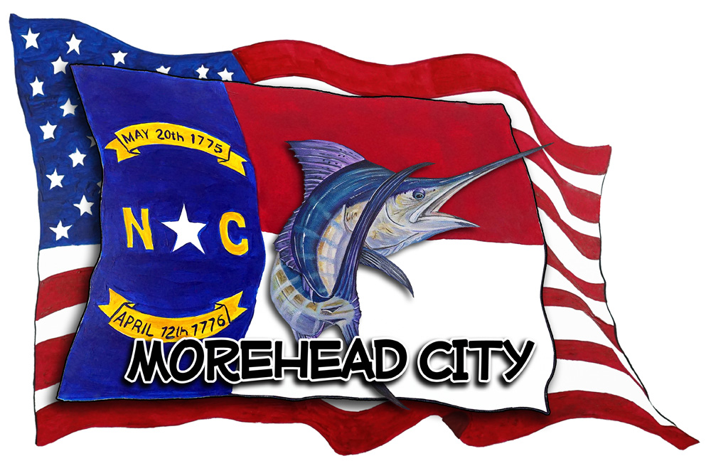USA/NC Flags w/ Marlin - Morehead City Decal/Sticker