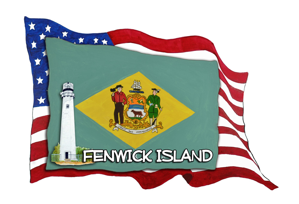 USA/Delaware Flags - Fenwick Lighthouse Decal/Sticker