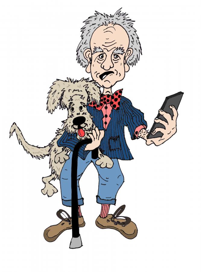 Old Man w/ Dog Holding Phone Decal/Sticker