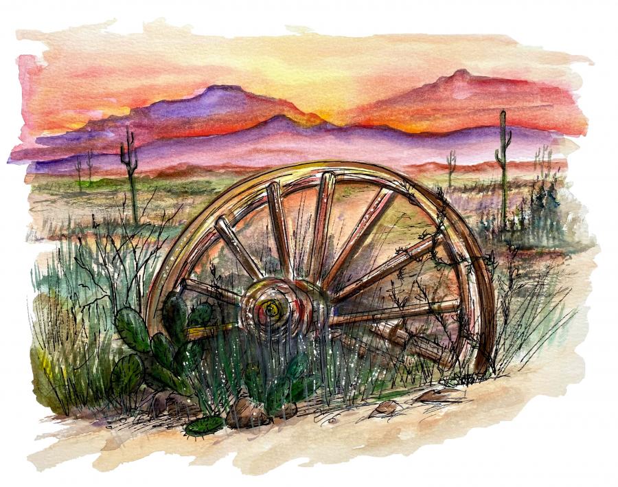 Wagon Wheel Desert Sunset Decal/Sticker