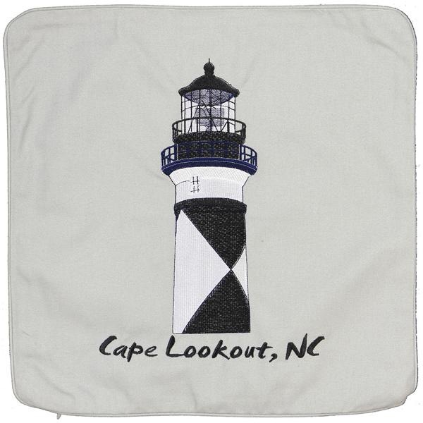 Cape Lookout Lighthouse Embroidered Canvas Pillow Cover Grey