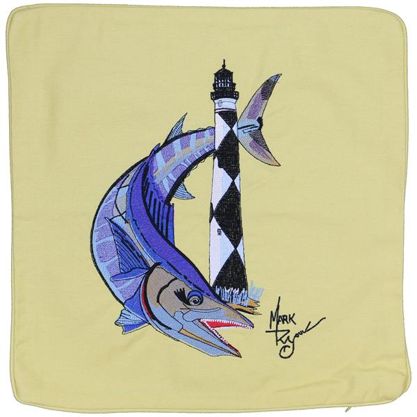 Wahoo and Cape Lookout Lighthouse Embroidered Canvas Pillow