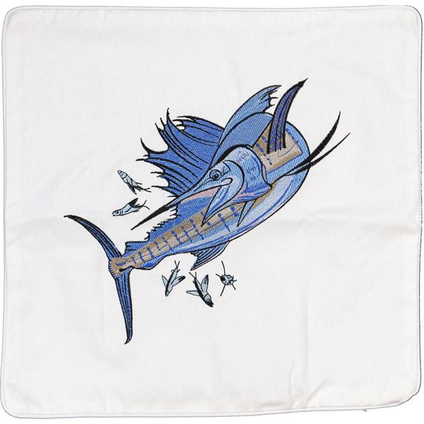 Sailfish Embroidered Canvas Pillow Cover White - Click Image to Close