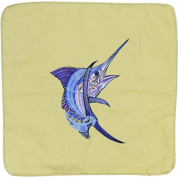 Atlantic Blue Marlin Embroidered Canvas Pillow Cover Yellow - Click Image to Close
