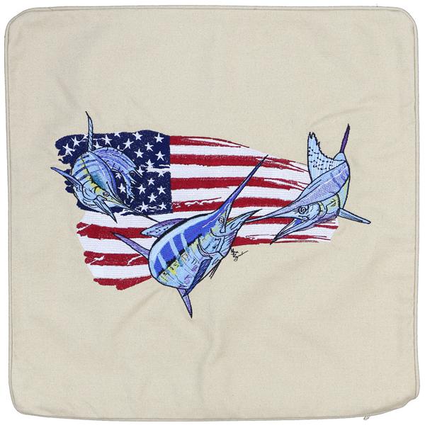 Billfish Sailfish Marlin Fishing American Flag Cushion Light Tan - Click Image to Close