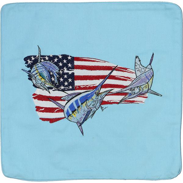 USA Flag and Billfish Embroidered Canvas Pillow Cover Blue - Click Image to Close