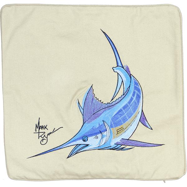 Atlantic Blue Marlin Embroidered Canvas Pillow Cushion Cover Tan
