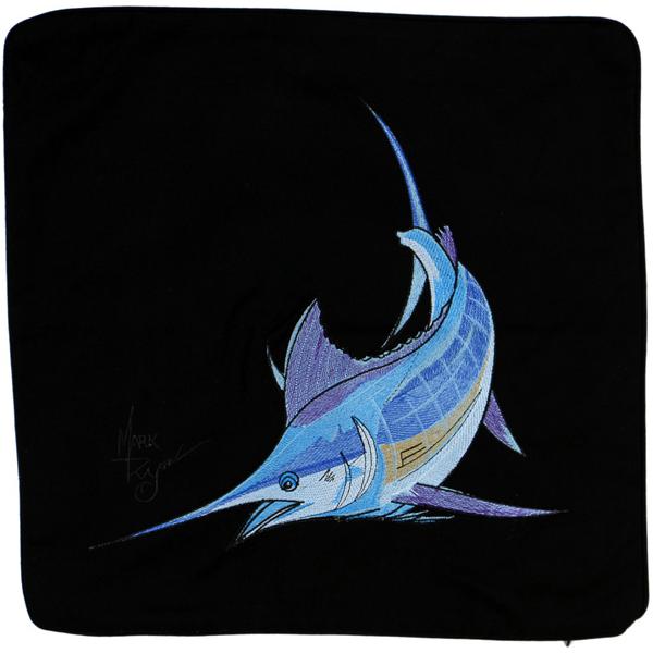 Atlantic Blue Marlin Embroidered Canvas Pillow Cover Black