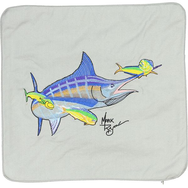 Blue Marlin and Mahi Embroidered Canvas Pillow Cover Grey