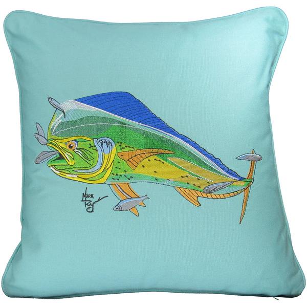 Mahi Mahi Embroidered Canvas Pillow Cover Aquamarine