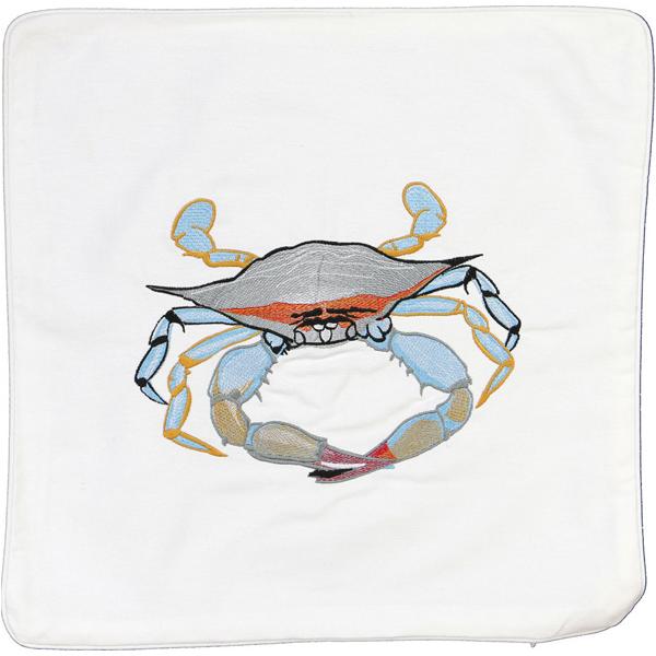 Blue Crab Embroidered Canvas Pillow Cover White