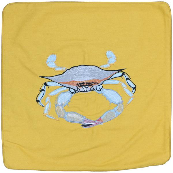 Blue Crab Embroidered Canvas Pillow Cover Light Gold