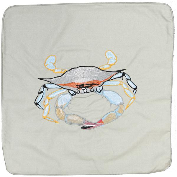 Blue Crab Embroidered Canvas Pillow Cover Grey