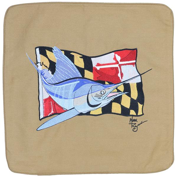 Maryland Flag with Blue Marlin Embroidered Canvas Pillow Cover