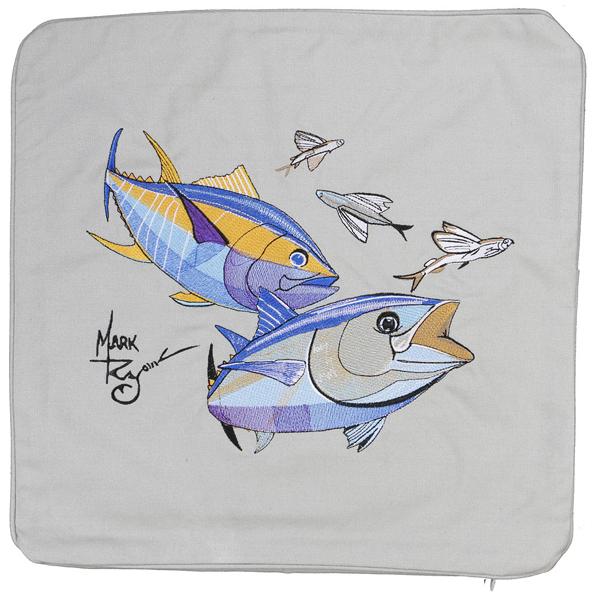 Bluefin and Yellowfin Tuna Embroidered Canvas Pillow Cover Grey