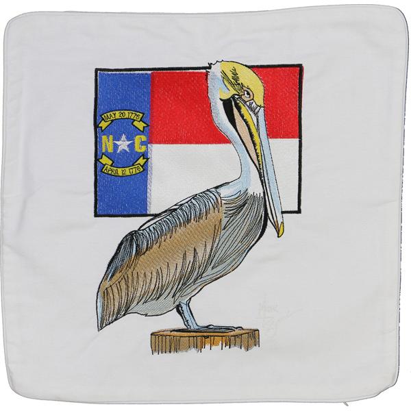 North Carolina Flag/Pelican Embroidered Canvas Pillow Cover