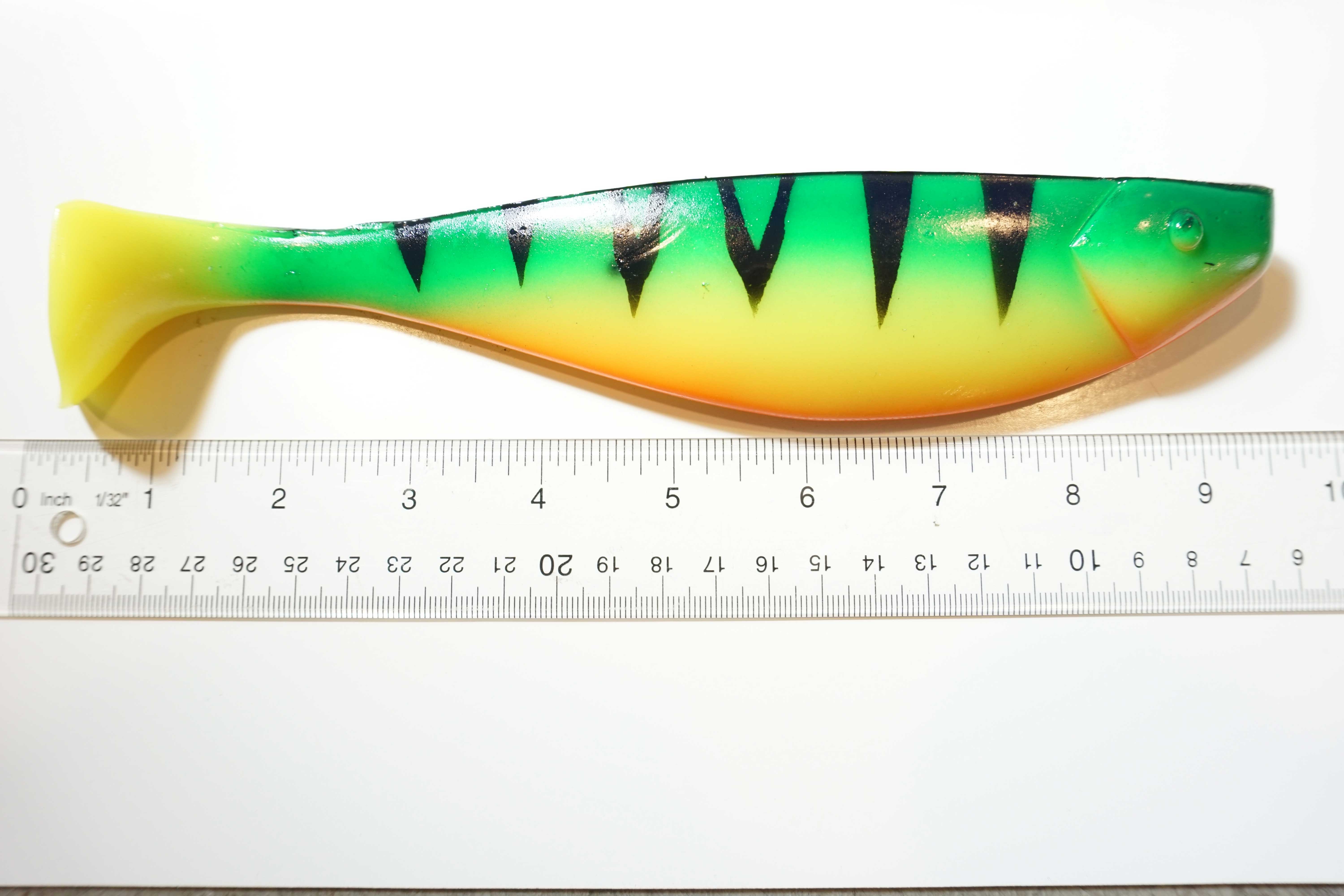 Almost Alive 9" Soft Shad Paddle Tail Bait Fluoro Green Tiger - Click Image to Close