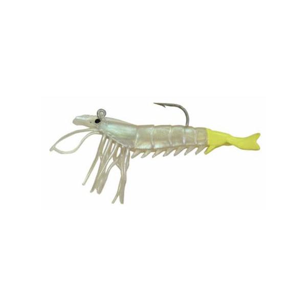 Artificial Shrimp Rigged 3-1/4" Pearl/Chartreuse 3 Pack - Click Image to Close