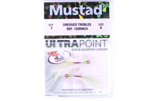 Mustad 102RWCH-6-U3D Dressed Treble 2Pk Red Hook Wht/Cht Feather - Click Image to Close