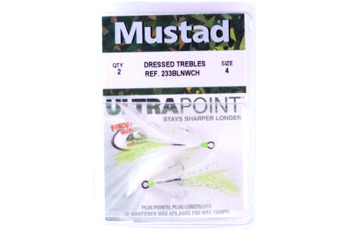Mustad 233BLNWCH-4-U3D Dressed Trbl 2Pk Blk Hook Wht/Cht Feather - Click Image to Close