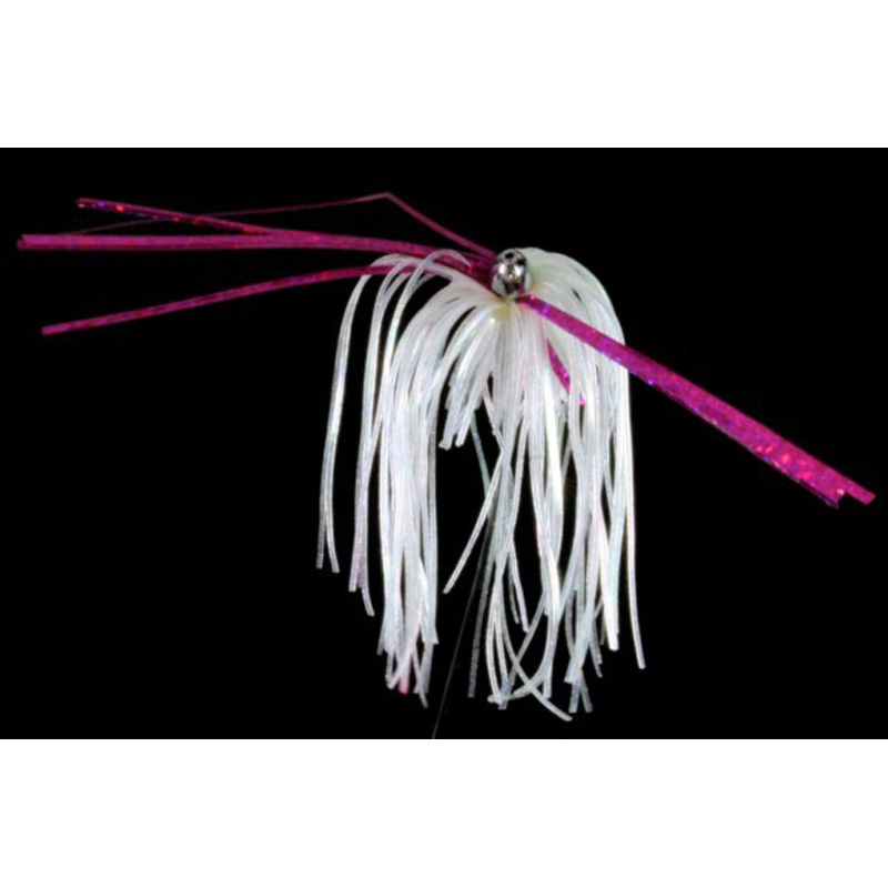 Trolling Witch Lure, 4g, White Skirt, Shiny Pink Mylar - Click Image to Close