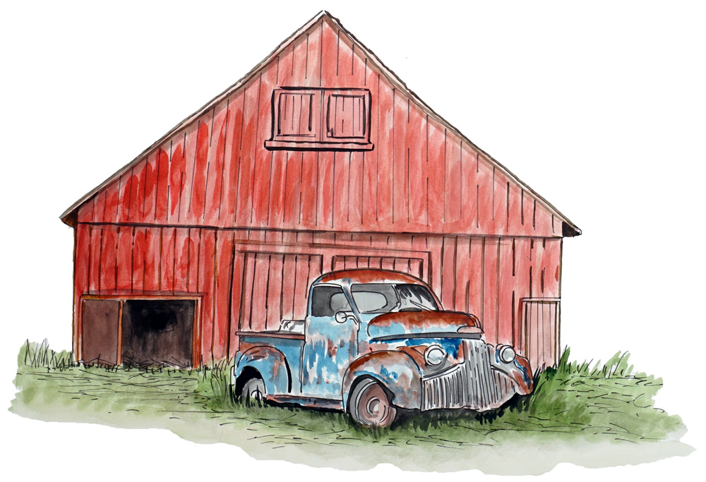 Old Truck and Red Barn Decal/Sticker - Click Image to Close