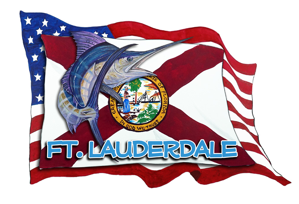 USA/FL Flags w/ Marlin - Ft. Lauderale Decal/Sticker