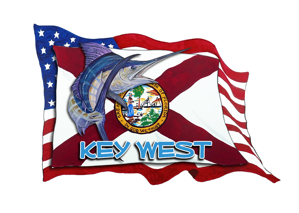 USA/FL Flags w/ Marlin - Key West Decal/Sticker - Click Image to Close