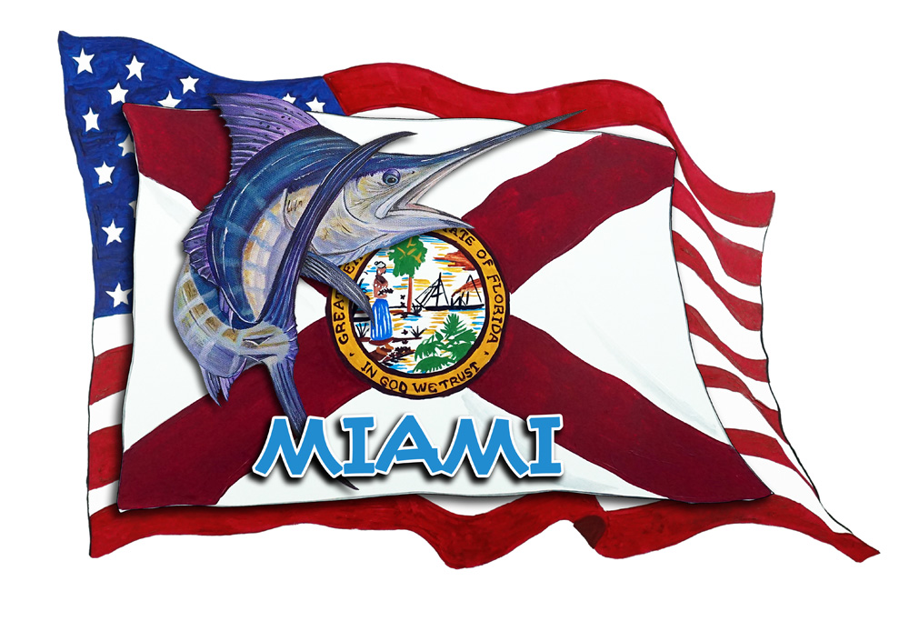 USA/FL Flags w/ Marlin - Miami Decal/Sticker - Click Image to Close