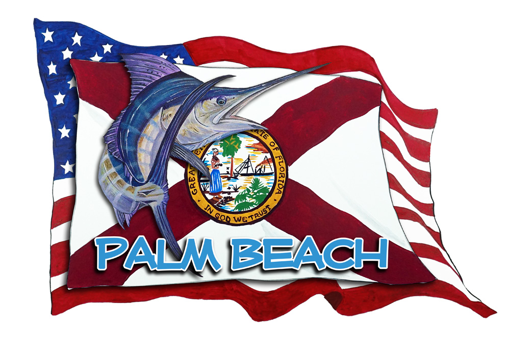 USA/FL Flags w/ Marlin - Palm Beach Decal/Sticker - Click Image to Close