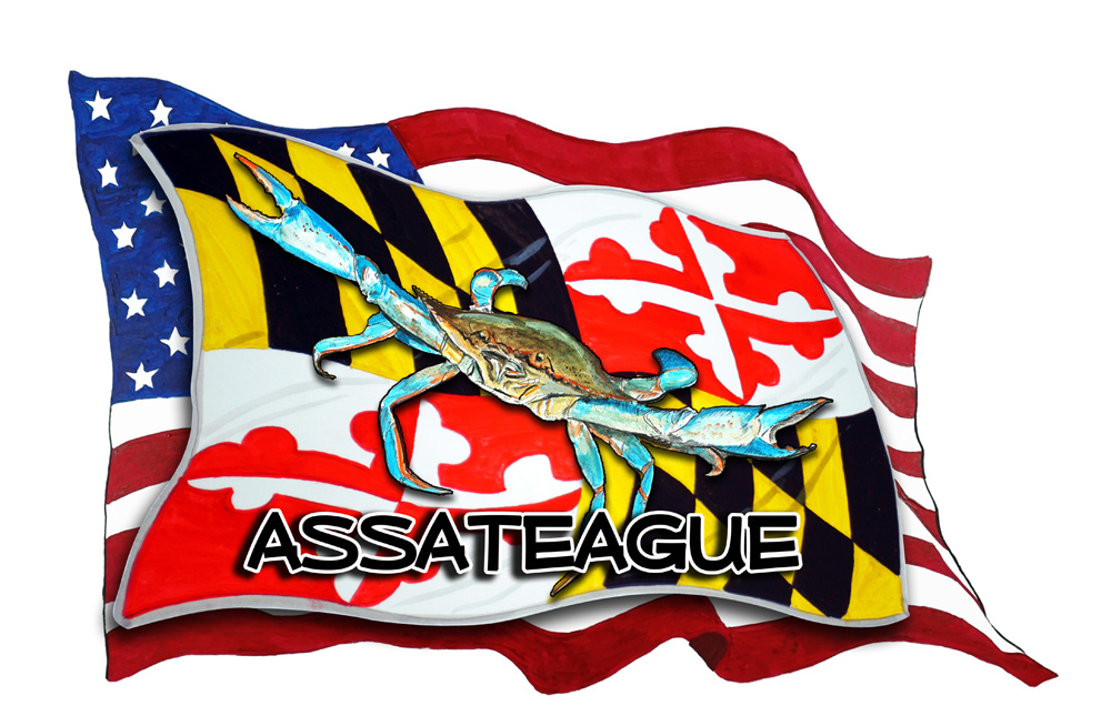 USA/Maryland Flags w/ Blue Crab - Assateague Decal/Sticker - Click Image to Close