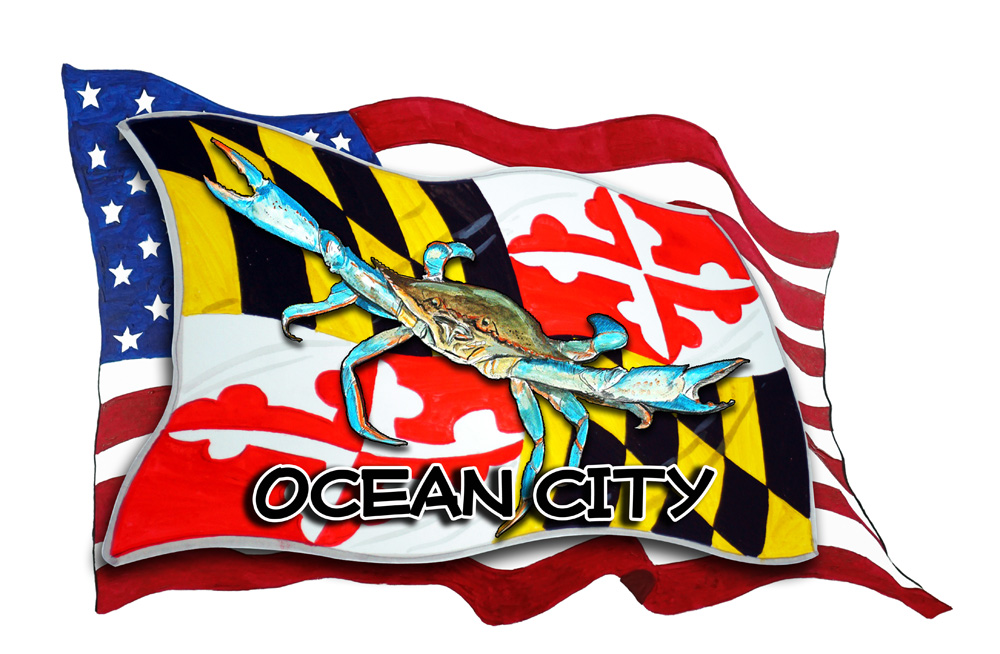 USA/Maryland Flags w/ Blue Crab - Ocean City Decal/Sticker - Click Image to Close
