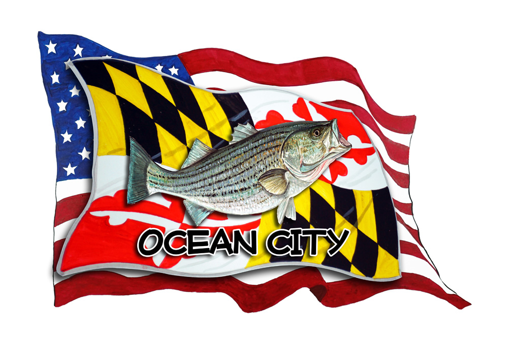 USA/MD Flags w/ Striper - Ocean City Decal/Sticker - Click Image to Close