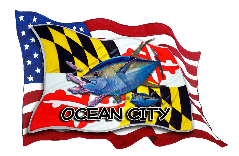 USA/MD Flags w/ Tuna - Ocean City Decal/Sticker - Click Image to Close