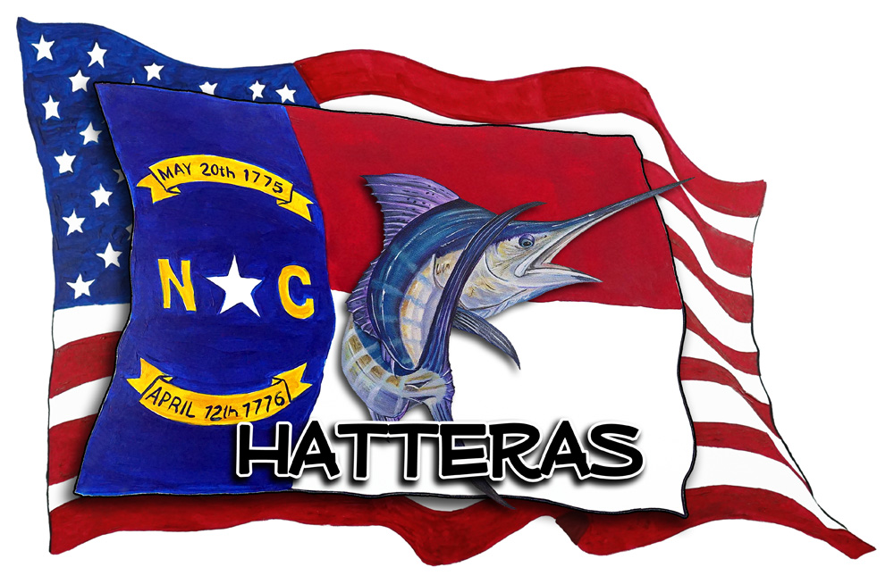 USA/NC Flags w/ Marlin - Hatteras Decal/Sticker - Click Image to Close