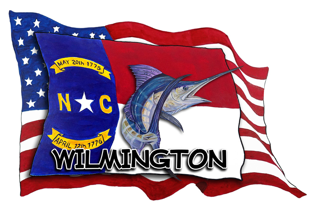 USA/NC Flags w/ Marlin - Wilmington Decal/Sticker - Click Image to Close