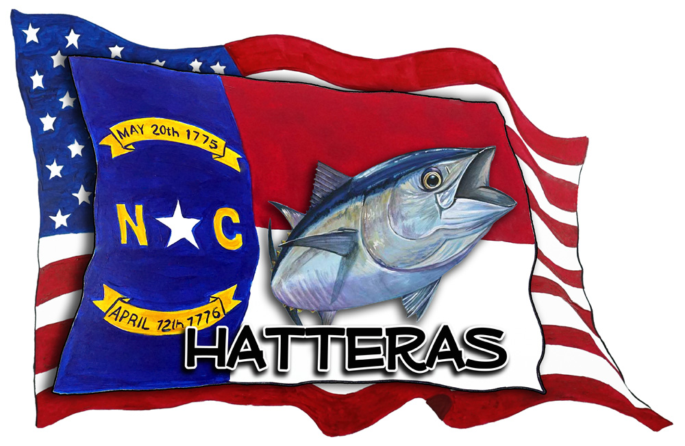 USA/NC Flags w/ Tuna - Hatteras Decal/Sticker - Click Image to Close