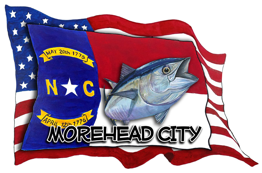 USA/NC Flags w/ Tuna - Morehead City Decal/Sticker - Click Image to Close