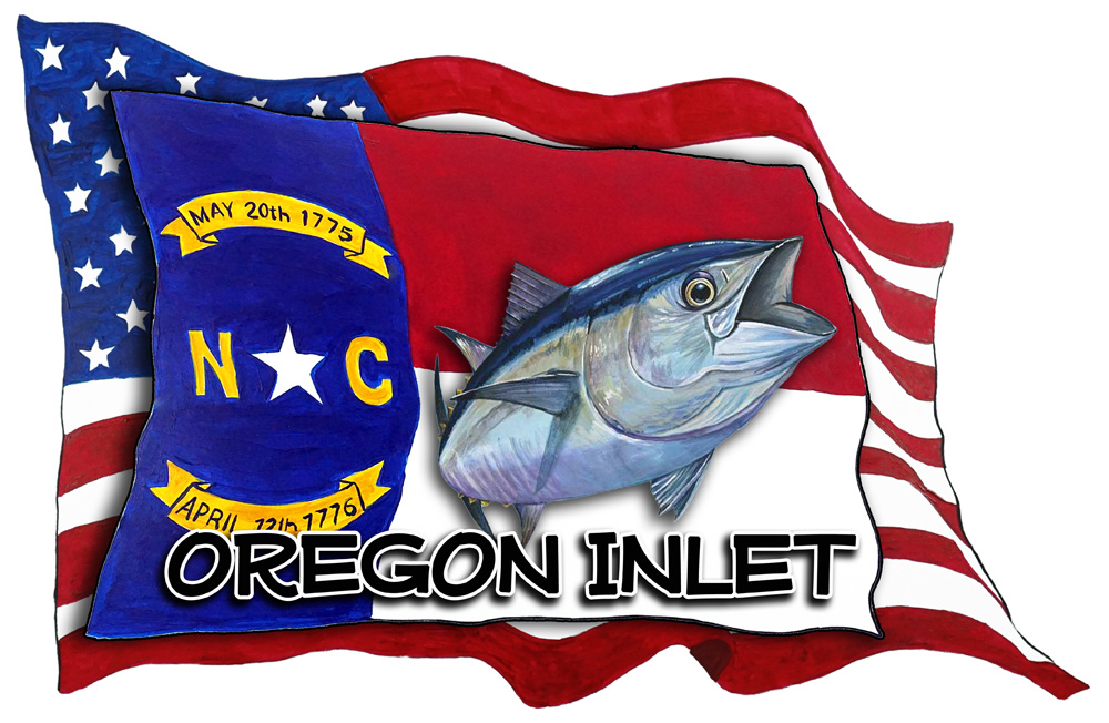 USA/NC Flags w/ Tuna - Oregon Inlet Decal/Sticker - Click Image to Close