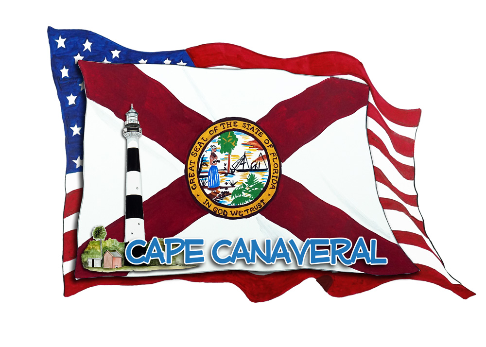 USA/FL Flags w/ Lighthouse- Cape Canaveral Decal/Sticker - Click Image to Close