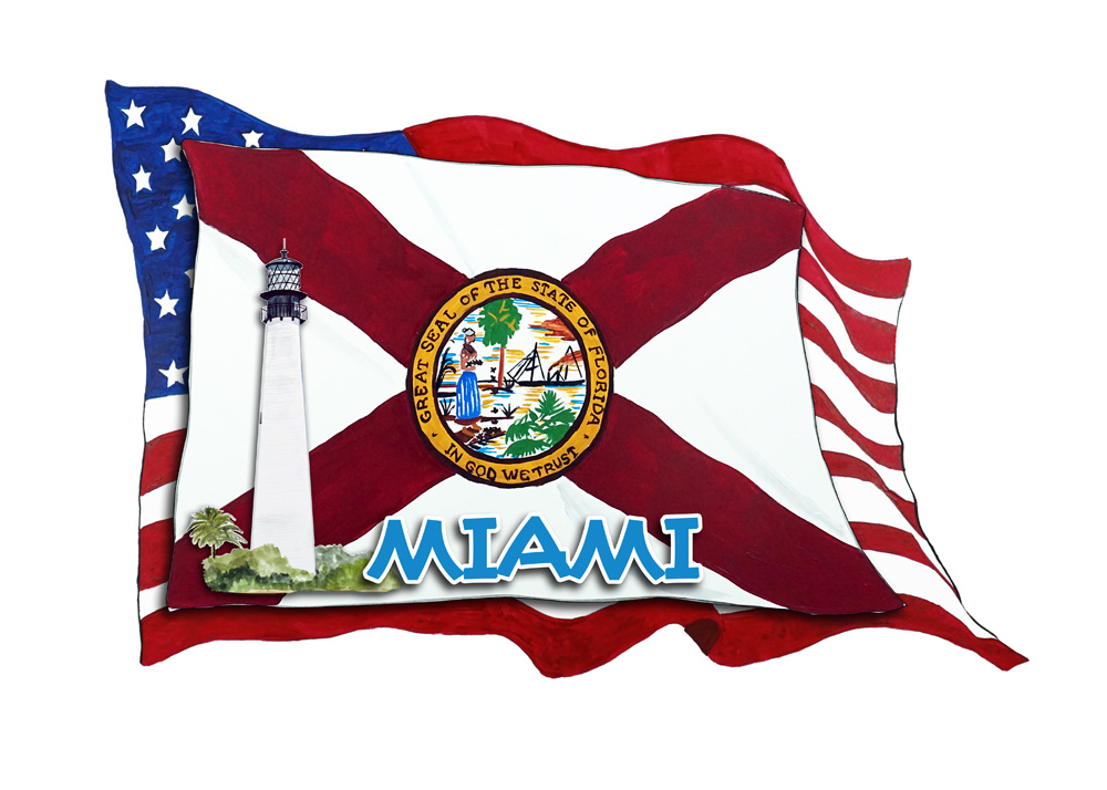 USA/FL Flags w/ Lighthouse- Miami Decal/Sticker - Click Image to Close