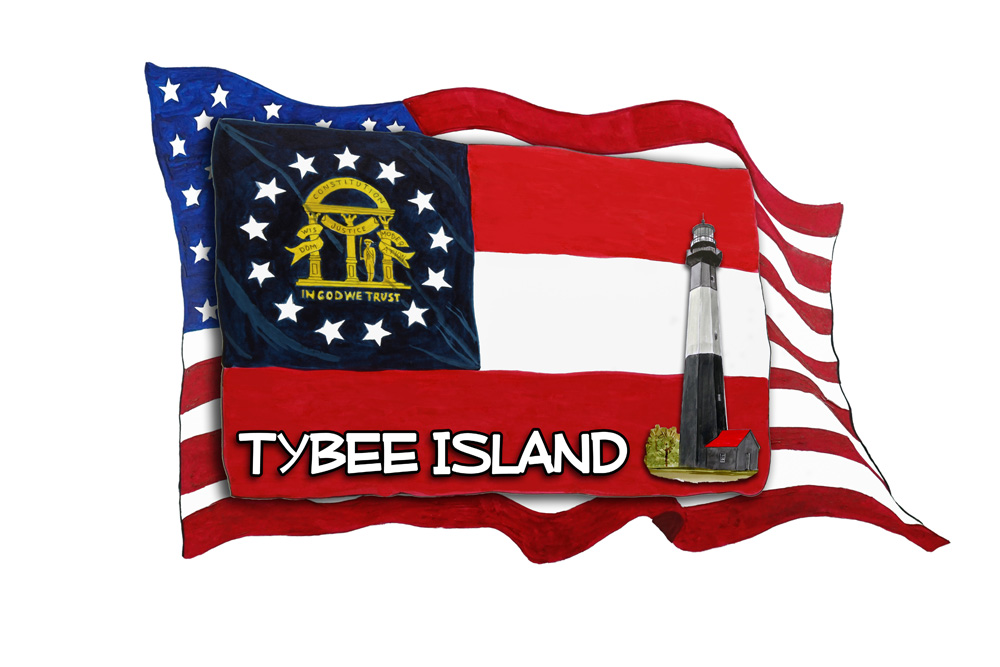 USA/GA Flags w/ Lighthouse- Tybee Decal/Sticker - Click Image to Close