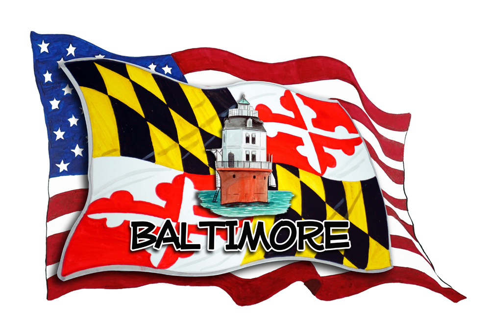 USA/MD Flags w/ Lighthouse- Baltimore Decal/Sticker - Click Image to Close