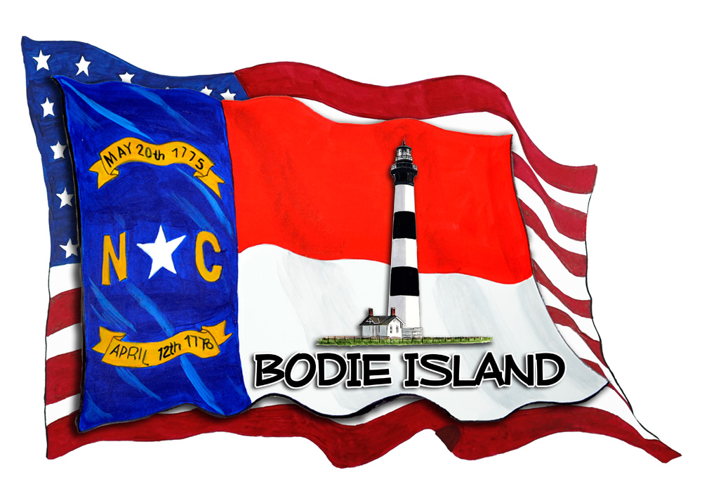 USA/NC Flags w/ Lighthouse - Bodie Island Decal/Sticker - Click Image to Close