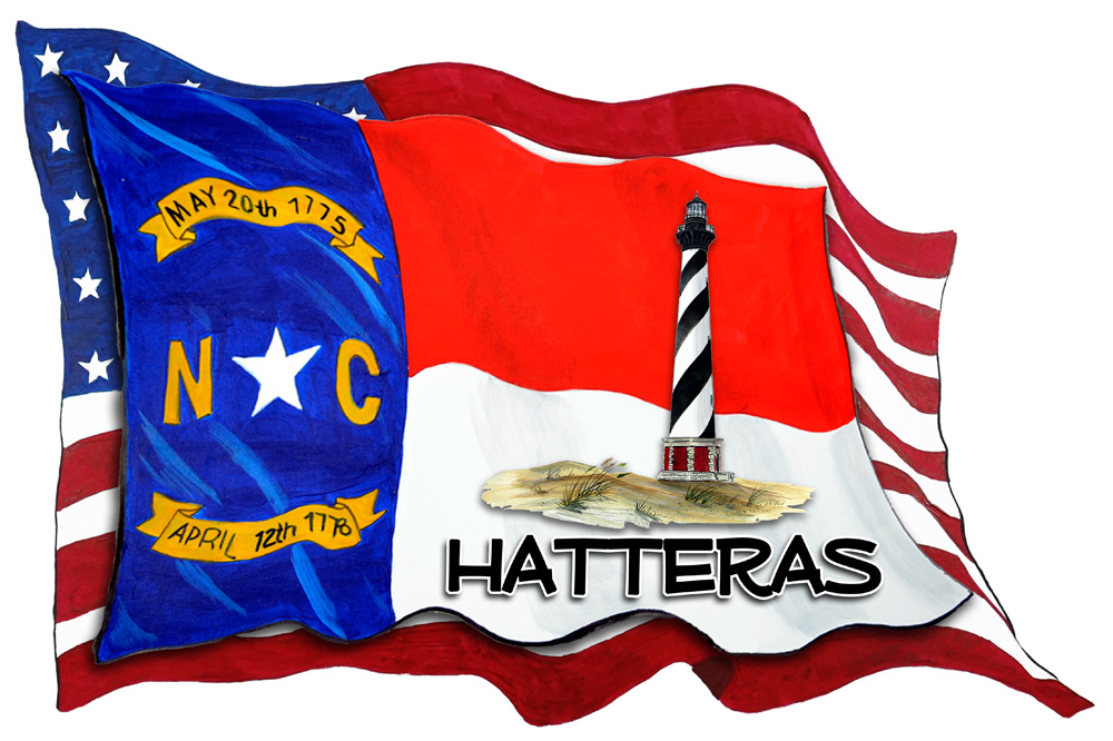 USA/NC Flags w/ Lighthouse - Hatteras Decal/Sticker