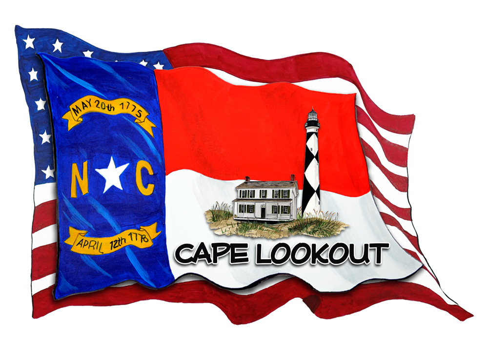USA/NC Flags w/ Lighthouse - Cape Lookout Decal/Sticker