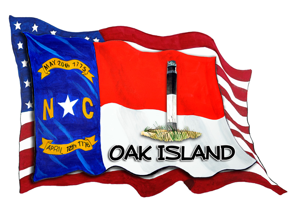 USA/NC Flags w/ Lighthouse - Oak Island Decal/Sticker - Click Image to Close