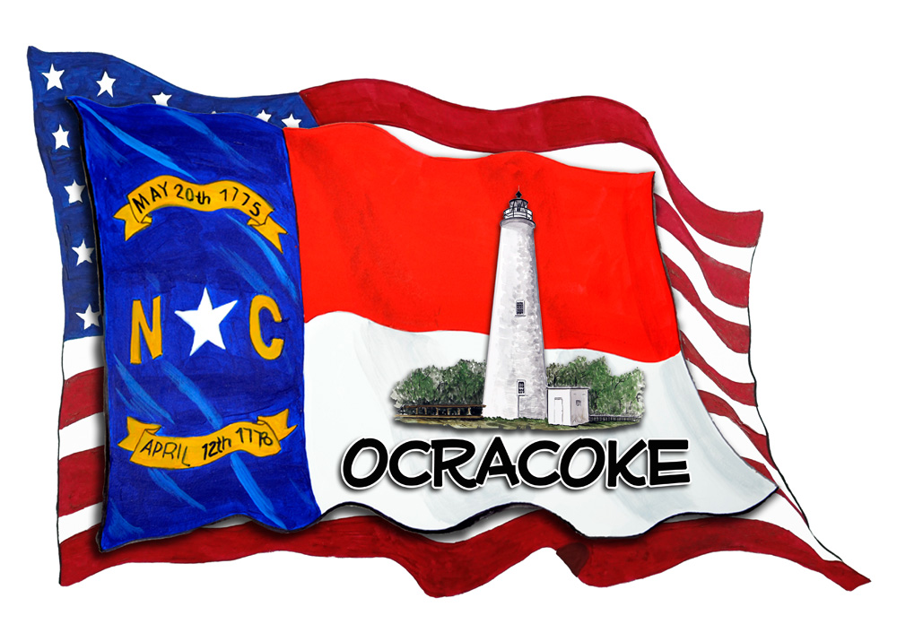 USA/NC Flags w/ Lighthouse - Ocracoke Decal/Sticker