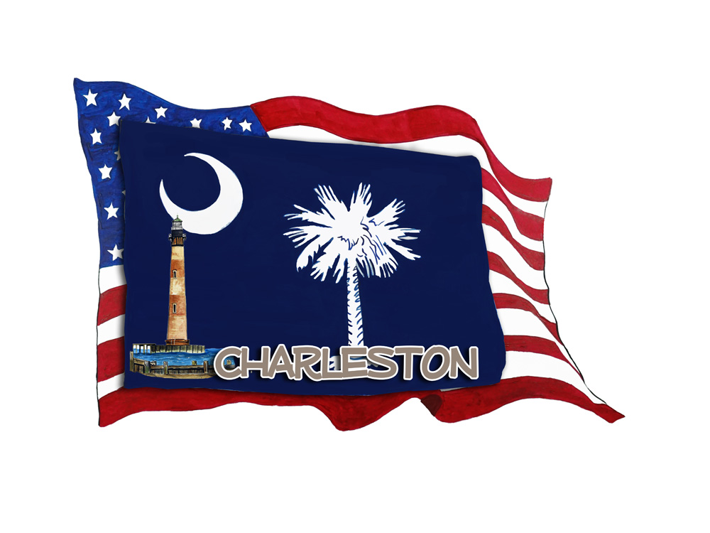 USA/SC Flags w/ Lighthouse - Charleston Decal/Sticker - Click Image to Close